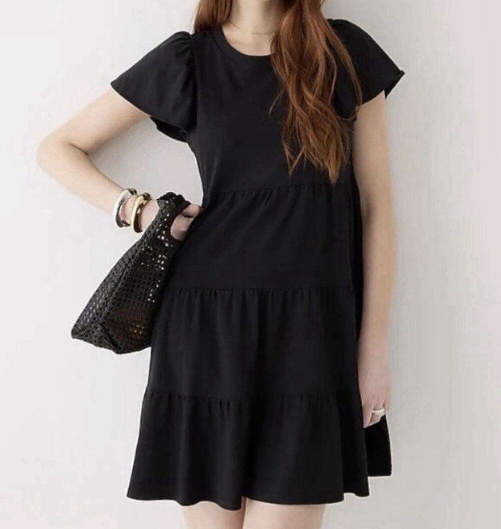 J. Crew Mini Dress Size Large Black Knit Broken-In Jersey Tiered Cotton Minimal